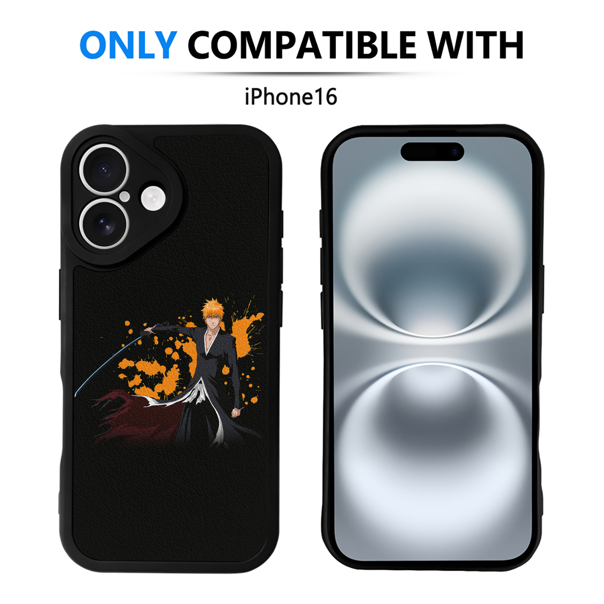 （画像用） ブリーチ 黒崎一護（くろさき いちご）BLEACH Kurosaki Ichigo 【iPhone 16シリーズ対応】シリコンスマホケース（レザー調） 材質：シリコン